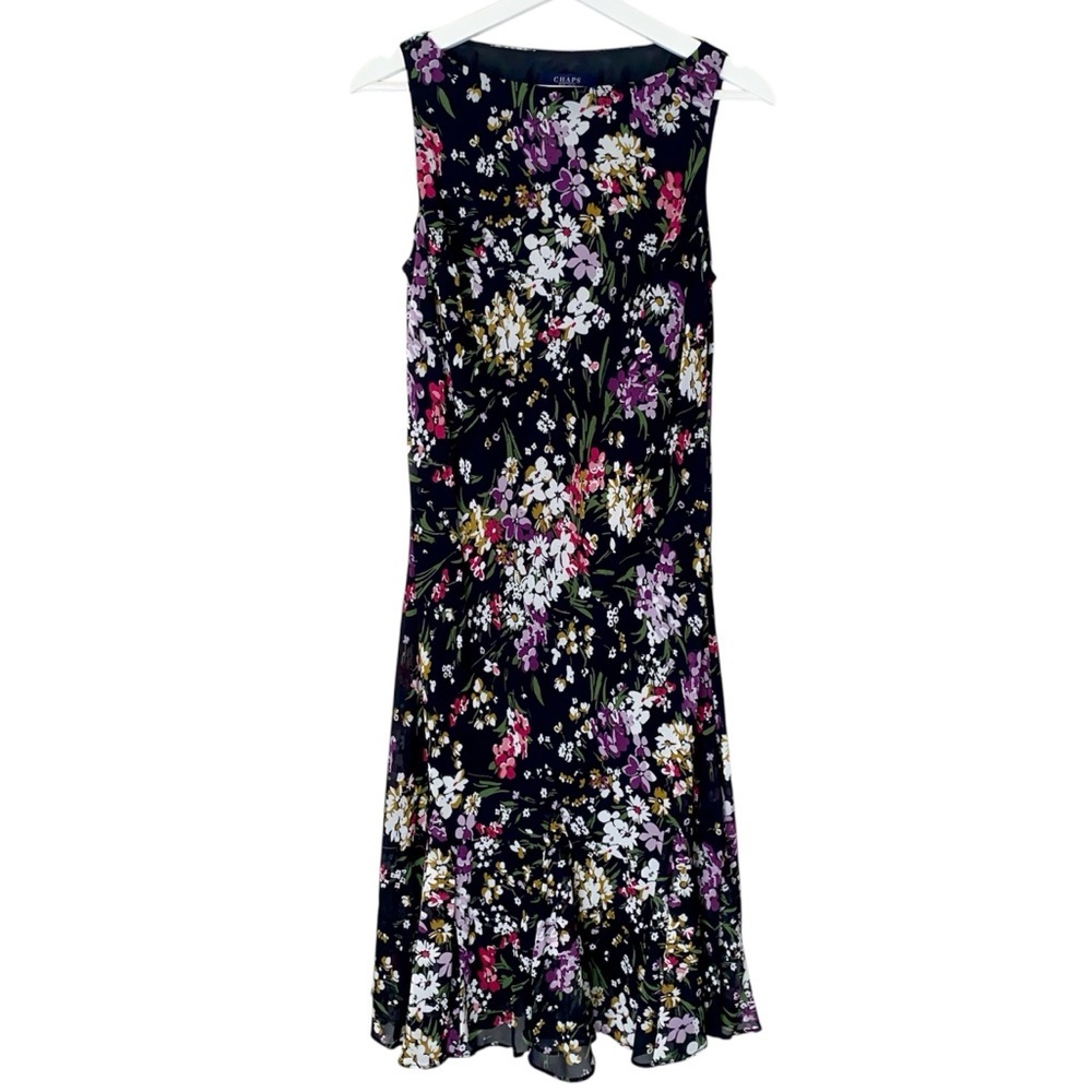 CHAPS Dress Midi Lined Chiffon Sleeveless Boat Neck Black Floral Women Size 10